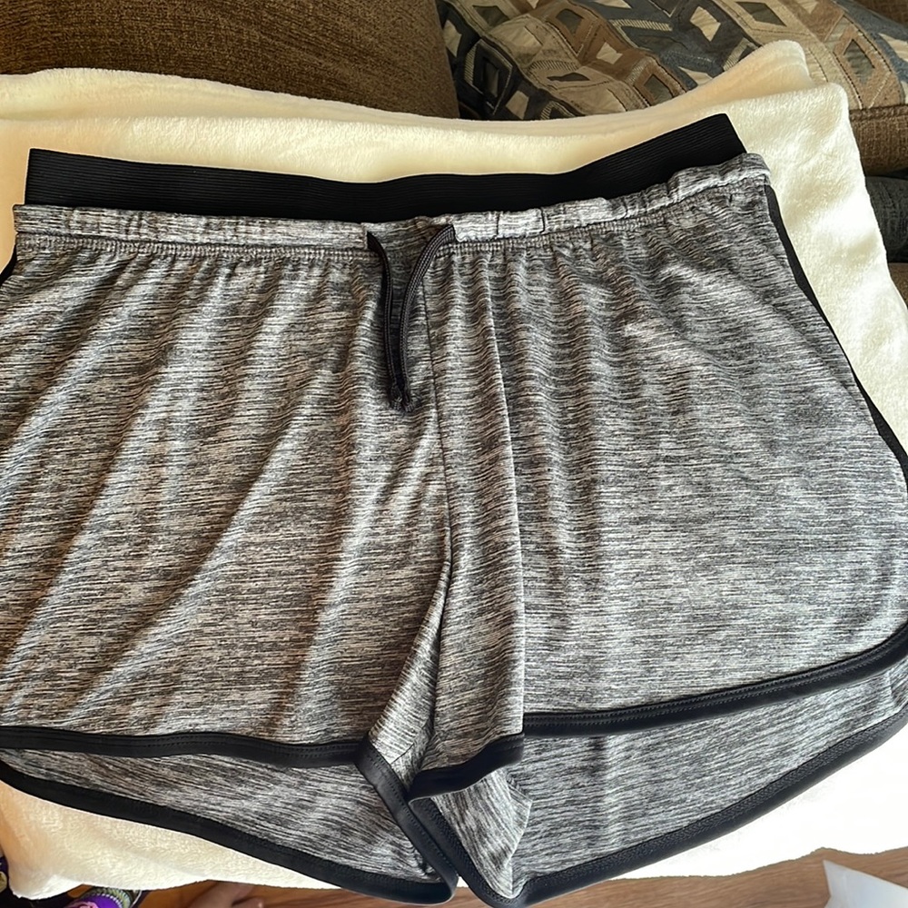 5/$25 Large grey polyester sports shorts with elastic waist band and draw string
